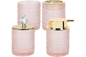 FEILANDUO Bathroom Accessories Set,4Pcs Glass Bathroom Accessories,Vanity Bathroom Decor, Soap Dispenser, Toothbrush Holder Set, Apothecary Jar, Gift for Home Apartment (Pink)