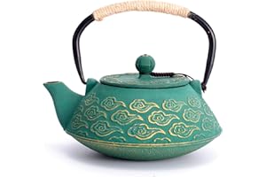 MILVBUSISS Théière en Fonte, Théière Japonaise avec Inspergraphe pour Feuille Libre, Bouilloire à Thé 800ml pour Cuisinière Enduite d’Intérieur émaillé, Motif Nuages, Vert
