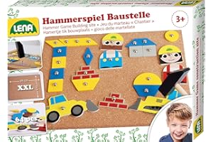 Lena 65828 Hammerspiel, Nagelspiel mit 64 bunten 8 Baustellen Teilen, Grundplatte aus Kork ca. 28 x 19,5 cm, Hammer und Nägel, Klopfspiel für Kinder ab 3 Jahre, Hämmerchenspiel, Mehrfarbig