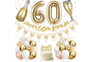 LYUET 60th Birthday Decorations, Happy 60th Birthday Banner, 40 inches 60 Foil Balloons, Champagne Golden Bottle and Glass, Gold, Pink, White and Confetti Balloons, 60th Party Decorations for Women