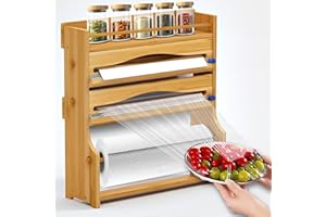 ARYANY – Portarrollos Papel Cocina de Bambú | Dispensador Papel Aluminio y Film con Cortador | Soporte 4 en 1 Organizador de Cocina de Pared con Estante para Especias