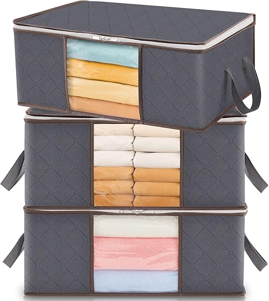 Lifewit Scatole per Vestiti, Scatola per Armadio Pieghevole, Contenitori Sottoletto, Scatoloni Trasloco per Coperte, Biancheria da Letto, Grigio, 35 L, 3 Pezzi - 1
