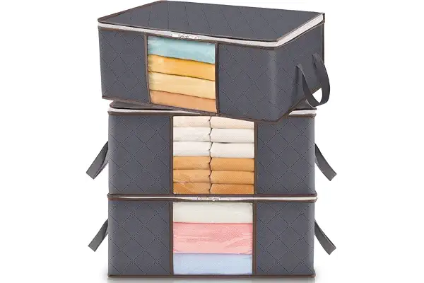 Lifewit Cajas Almacenaje Ropa Plegable con Asa Reforzada, Organizador Armario de Tejido Resistente y Ventana Transparente, Bolsas para Guardar Ropa, Mantas, Gris, 35 L, 3 Piezas