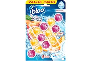 Bloo Power Active Toilet Rim Block Fruitopia (50g), Clear Water Toilet Rim Block with Fresh Orange & Peach Scent, with Anti-Limescale Formula, Pack of 3 Rimblocks
