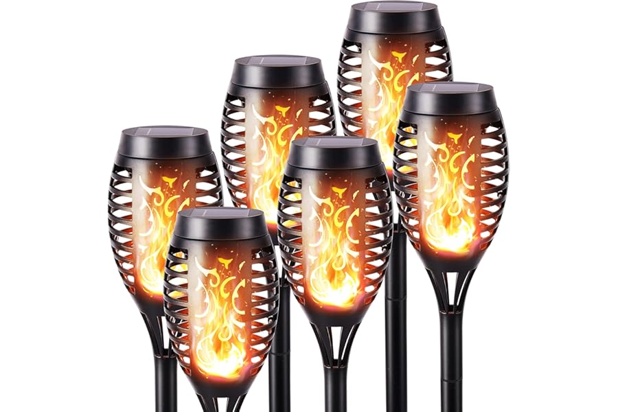 Geemoo 6 Pack Solar Flickering Dancing Flame Lights Waterproof Solar Torch Lights for Outdoor Garden Patio Pathway Yard Driveway Decorative, Warm White