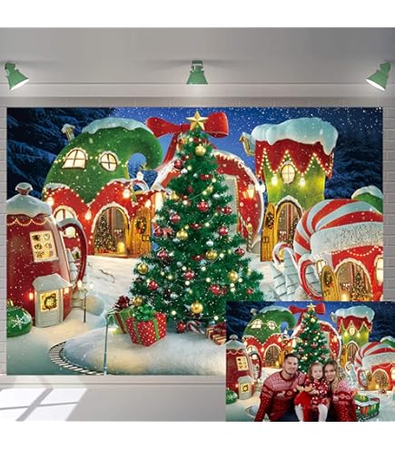 ASDCXZ Sfondo Di Natale 3x2,5 M, Casetta Sognante Gelato Albero Di Natale Lecca-lecca Rosso Sfondo, Vinile Inverno Natalizio Riunione Di Famiglia Decorazione Per Feste Banner Fondale Fotografico