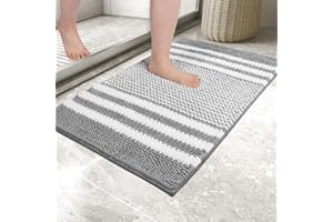 Biscpro Bath Mat Rug Extra Soft and Absorbent Fluffy Striped Chenille,Non Slip Shaggy Bathroom Floor Mat,Machine Washable (Gray, 50 x 80 cm)
