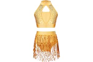 YiZYiF Vestito da Ballo per Ragazze Paillettes Completo da Danza Bambina Crop Top Canotta + Minigonna Corta Latino Jazz Samba Abito da Danza