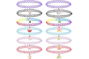 PINKSHEEP 12PCS Choker Necklace Set for Kids Teens Girls Women, Pendant Charm Unicorn Rainbow Panda Cat Heart Flower Mermaid Chokers Henna Tattoo Stretch Elastic Black Pink Green Blue Red
