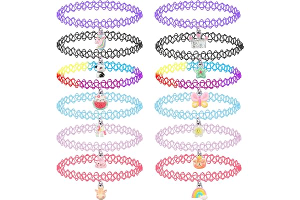 12 st kraghalsband set för barn tonåringar flickor kvinnor, hänge berlock enhörning regnbåge panda katt hjärta blomma sjöjungfru kragar henna tatuering stretch elastisk svart rosa grön blå