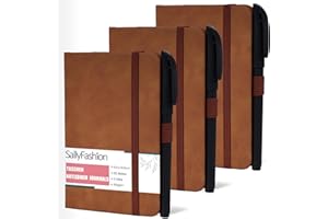 Sallyfashion Notatnik A6 w linie, 3 sztuki, mini notatnik z długopisem, mały notatnik, skórzane notatniki z długopisem, 9,5 cm x 14 cm (80 kartek/szt.)