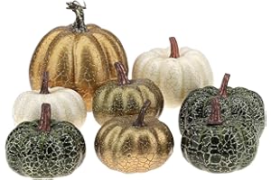 Kepfire 8 Pcs Artificial Pumpkins for Home Decor,Crack Design Foam Pumpkin for Fall Harvest Thanksgiving Halloween Pumpkin Decorations - Random Mix Color(Green&Gold&White)