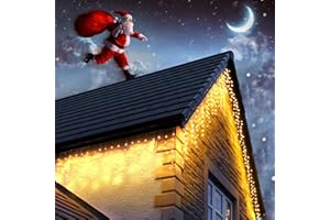 Dalugo Icicle Outdoor Christmas Lights, 15M+10M 480 LED Warm White Fairy Lights Plug in with Memory Function, 6 Hours Timer, Waterproof Icicle Christmas Lights for Roof, Window, Balcony (Clear Cable)