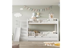 SAPGAKS Lit Enfant 90x200 avec tiroirs et Toboggan et escalier,lit superposé Enfant 90x200 avec Porte magnétique,lit Mezzanine 2 Places,Multifonctionnel,Bois Massif,Blanc