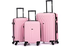 R.Leone Valigia da 1 Fino a Set 4 Trolley Rigido grande, medio, bagaglio a mano e bagaglio EasyJet 4 ruote in ABS 9001 (Rosa Pastello, Set 3 Pezzi S M L)