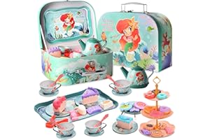 Zhwidnerso Tea Set for Toddlers, 48Pcs Mermaid Kids Tea Set with Carrying Case, Tin Tea Party Set for Children, Including Cake Cookies Doughnut Dessert Teapot Tea Cups Tray for Kids Age 3+ Girls