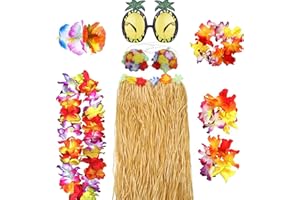 HBell 8-teiliges hawaiianisches Hula-Rock-Kostüm-Set, hawaiianischer Grasrock, Hawaii-Leis, Blumen-Bikinioberteil, Sommerstrand, tropische Party-Dekorationen