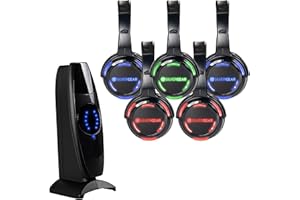 Silvergear® Silent Disco Set | 5 Kabellose Kopfhörern und Sender | Kopfhorer mit LED-Leuchten | Schwarz