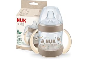 NUK for Nature Trinklernbecher | 150ml | Haltegriffe und brustähnlicher Trinkschnabel | Auslaufsicher | 6−18 M | Anti-Colic | Temperature Control | Nachhaltige, BPA-freie Materialien | Beige