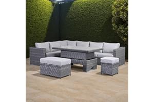 Rattan park Garden Furniture 8 seater Modular Corner Sofa Set In Slate Grey Weave With Rising Table