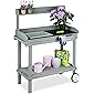 Relaxdays Pflanztisch mit Rollen, Wanne & Schublade, Gartenarbeitstisch, Holz, Kunststoff, HBT: 120 x 97 x 48 cm, grau