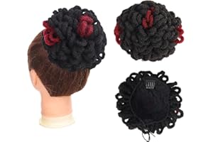 MEIRIYFA Afro Puff Cordon Queue de Cheval Dreadlock Bun Faux Locs Tresses Chignon Clip dans les Extensions de Cheveux pour Femmes (Noir Mix Rouge)