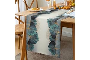 ETOLISHOP Camino de Mesa Estilo Rústico Lino Decoracion Mesa Camino de Mesa Hojas de Verde Azulado Color Dorado Petróleo Ginkgo Mantel de Mesa para Hogar Festival Decoraciones Caminos de Mesa 33x183cm