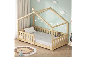 ML-Design barnsäng hussäng 80x160 cm naturfärgad Montessori golvsäng i massiv furu med tak ribbotten och fallskydd juniorsäng sängram för barn inspirerad av Montessori trygg leksäng barnsäng