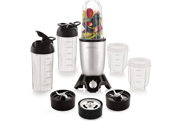 Cookwell Bullet Mixer Grinder (5 Jars, 3 Blades, Silver) - Copper, 600 Watts - 2 Year Warranty