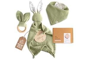 Mikito Baby Geschenk Junge & Mädchen | Neugeborenen Geschenk Set: Musselin Schnuffeltuch Baby + Beißring + Lätzchen + Holzschild | Newborn Baby Set als Geschenk zur Geburt