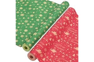 AhfuLife 2 Rouleau Kraft Papier Cadeau Noël, 43cm×15m Recyclable Papier Emballage Noël avec Motifs Fins pour Enfant Emballage des Cadeaux, Décoration de Les Fêtes(H: Luge/Flocons de Neige)