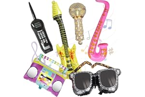 GLGHMH 6Pcs Photo Booth Props, Inflatable Party Props with Inflatable Guitar Saxophone Sunglasses Microphone Radio Boombox, Inflatable Props Ballons for 70s 80s 90s Carnival Disco Themed Party Supplies