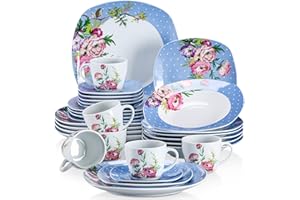 VEWEET 'Hannah' 30-Piece Dinner Set Blue White Dots Pink Flower Porcelain Pattern Combination Set with Dessert Plates Soup Plates Dinner Plates Cups Saucers Service for 6