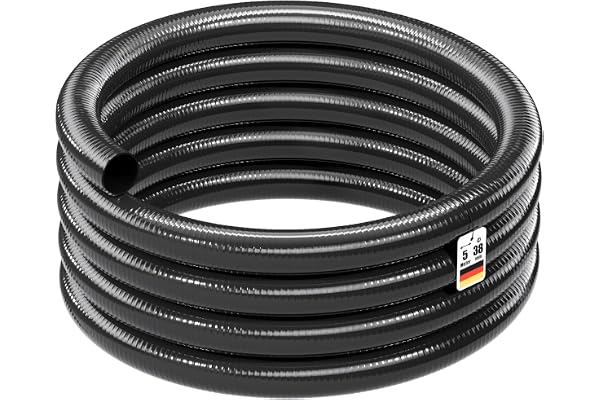 Wiltec Tuyau d'aspiration noir – 5 m/Ø 38 mm (1 1/2") / 420 g/m – avec Spirale de renforcement – Tube à pression souple en PVC – pour Arrosage Irrigation Jardinage Évacuation Refoulement