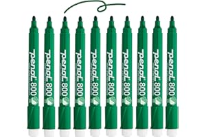 PENOL OF SCANDINAVIA 10 pennarelli per lavagna bianca verdi - 800, punta tonda da 1,5 mm con marchio Nordic Swan Ecolabel - NON TOSSICO E INODORE - Fusto in plastica con cappuccio antirotolamento