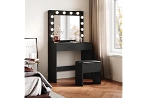 SIRHONA Tavolo da toeletta con specchio e illuminazione a LED, lampadina a luminosità regolabile, tavolo da trucco con sgabello e 1 grande cassetto, tavolo da toeletta per camera da letto, nero