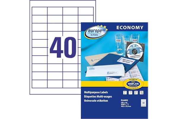 Europe 100 Étiquettes Multi-Usages Autocollantes Blanches 48,5 x 25,4 mm - 4000 Pièces - Impression Laser, Jet d'Encre et Copieur