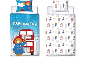 ‎CHARACTER WORLD Character World Offizielles Paddington Bear™ Bettbezug-Set für Einzelbett, 2-seitiges, wendbares Stationsdesign, passender Kissenbezug, Einzelbett-Set, Weiß und Blau, Polycotton