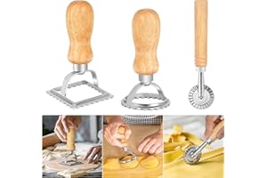 Winter Shore Estampador y Cortador Pasta [Pack de 3] - Raviolis Molde Cortador, Mangos de Roble, Bordes Estriados - Aleación de Zinc Resistente a la Oxidación - Rueda y Prensa Estampadora para Cocinar