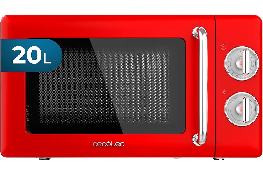 Cecotec Microonde Meccanico da 20 L Proclean 3010 Retro Red. 700 W in 6 livelli, timer fino a 30 minuti, modalità sbrinamento, design vintage in rosso, finiture in acciaio