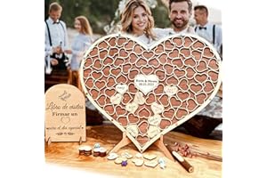 Neamon Libro de Firmas de Boda con Forma de corazón de Madera, Libro de firmas Alternativo, Decoración de Boda con 83 Corazones de Madera y 1 Juego de bolígrafos (Color1- Normal)