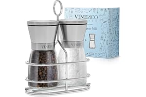 VINENCO Macina Pepe Sale e Spezie Professionale + Macinatrice di Ceramica qualità, Regolabile Grosso Fino | Set (2 Pezzi) Macinino Manuale - Macinapepe + Macinasale in Inox + Vetro, Saliera Pepiera Acciaio…