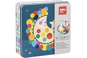 APLI Kids 15221 - Juego de Gomets en caja metálica, modelo Luna, fichas a rellenar con pegatinas