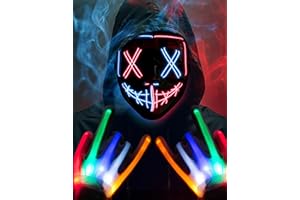 HOPOCO Halloween Mask Skeleton Gloves Set, LED Purge Mask for Festival, Cosplay, Halloween Costume, Masquerade Parties, Carnival, Anonymous Light Up Mask