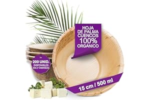 Waipur Hoja de Palma Cuencos Orgánicos – 200 Cuencos Desechables 15 cm/ 500 ml - Vajillas Desechables Elegantes, Estable, Natural y Biodegradable – Ensaladera Desechable – Platos Hoja de Palma