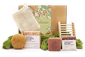 ENOOSO Gift Box con 4 prodotti regali Beauty - Shampoo Solido Ristrutturante, Docciaschiuma Vellutante + Sacchetta + Poggiasapone | Set Regalo Made in Italy
