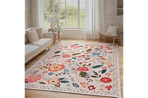 Puremy Waschbarer Wohnzimmerteppich, Vintage Blumenmuster Niedriger Flor Teppich, rutschfest, Weiche, Groß Teppiche für Wohnzimmer Schlafzimmer Bauernhaus Esszimmer und Kinderzimer, 140x200cm, Beige