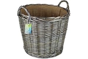 THE PESCARA COLLECTION Round Grey & Antiqued Wicker log baskets. Hessian lined. Wood & kindling storage for home hearths and fireplace. Large wood burner bin (Wicker Handle, 51 cm)