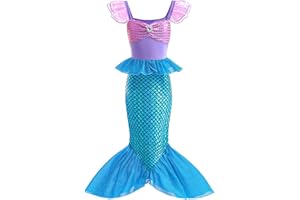 AODOKAT Disfraz Vestido Sirenita Niña Princesa Ariel Sirena con Peluca de Pelo para Cumpleaños Carnaval Halloween con Accesorios 4 a 12 años