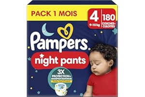 Pampers Night Pants, Taille 4, 180 Couches-Culottes, 9-15kg, Maintien 360° Contre Les Fuites Avec Un Cœur Super Absorbant Pour Une Protection Renforcée Toute La Nuit, Pack 1 Mois